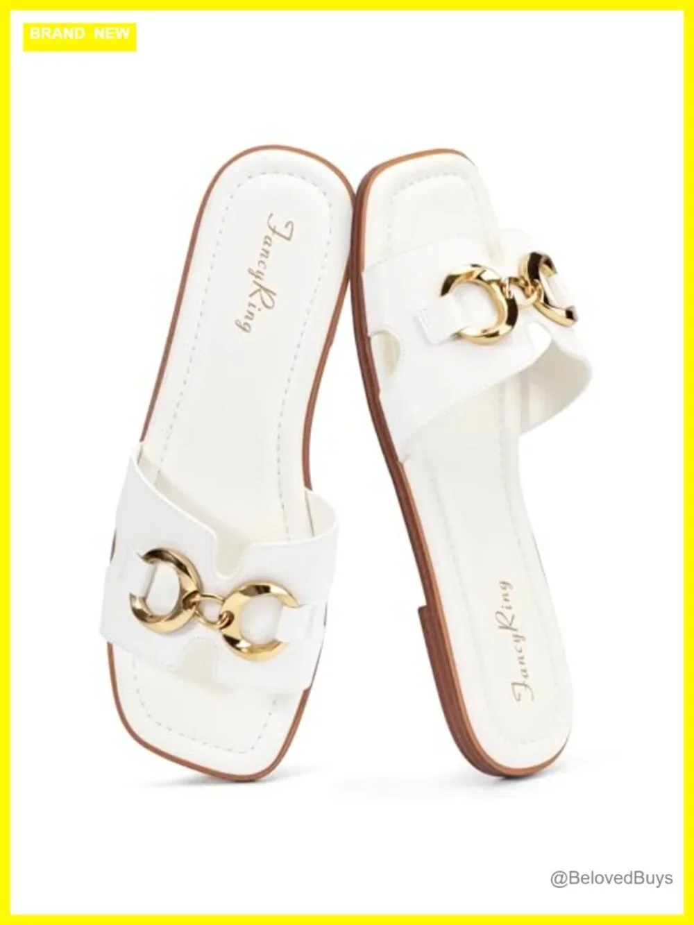 Women's Faux Leather Square Toe Flat Sandals with Metal Chain Slip On Dressy